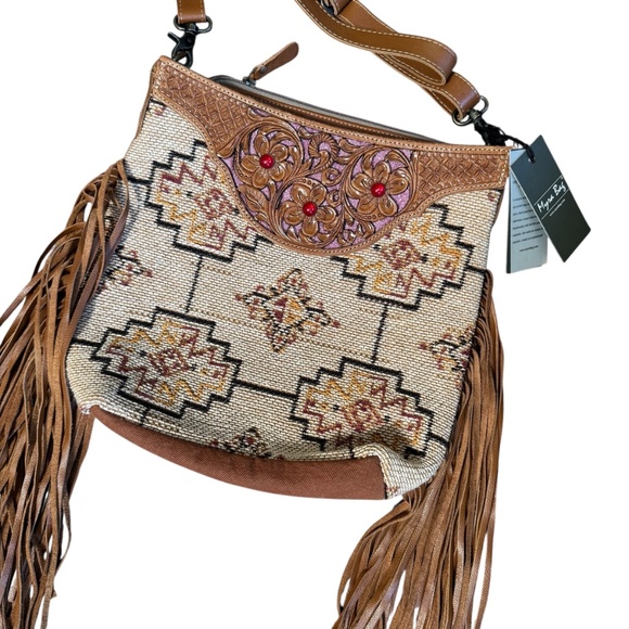 Myra Bag Accelerate Hand Tooled Fringe Tapestry Bag - Picture 1 of 9